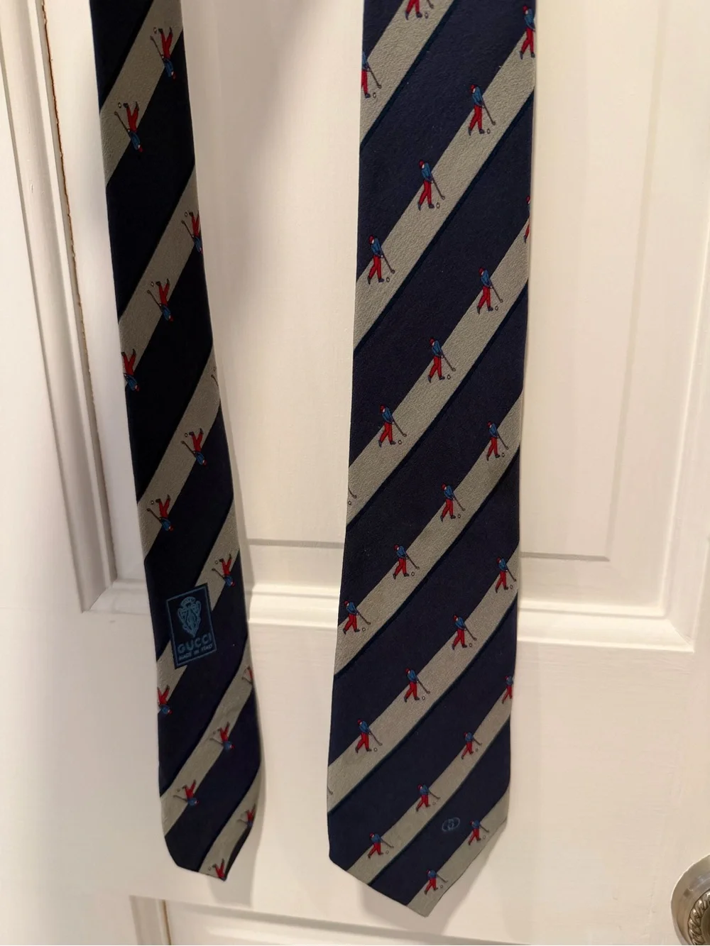 Vintage Gucci Navy Gray Striped Silk Tie featuring novelty Golf Motifs Necktie